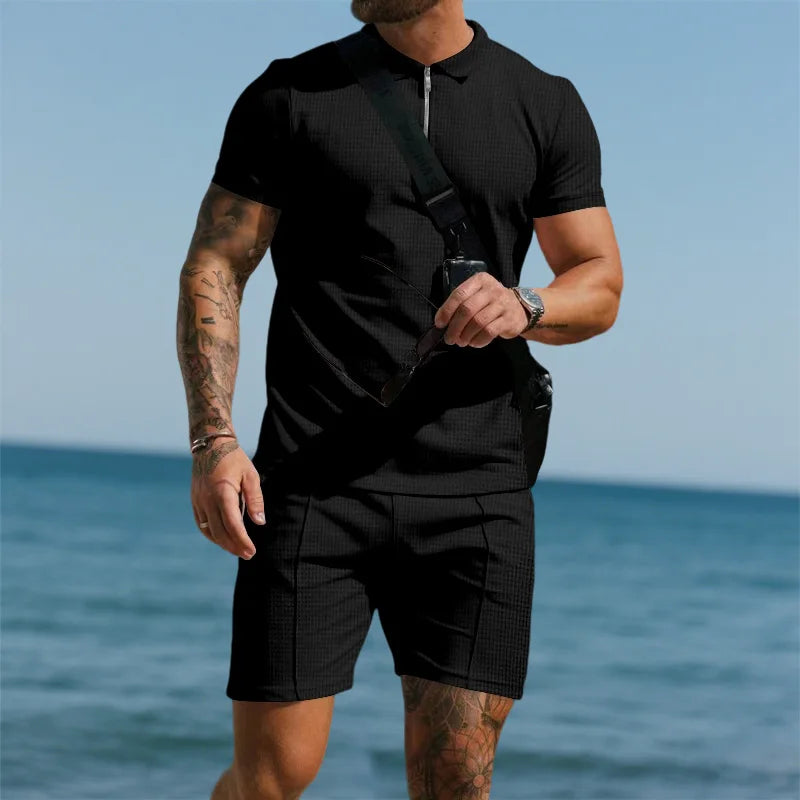 Men's Summer Waffle Short-Sleeve Zip-Up Lapel Suit Shorts Set Solid Color European US Style Trendy Casual Wear 2025