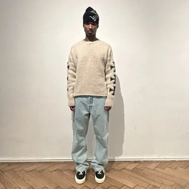 2024 American street retro personalized cross wool sweater men's pullover simple and fashionable top Y2K Harajuku couple sweater