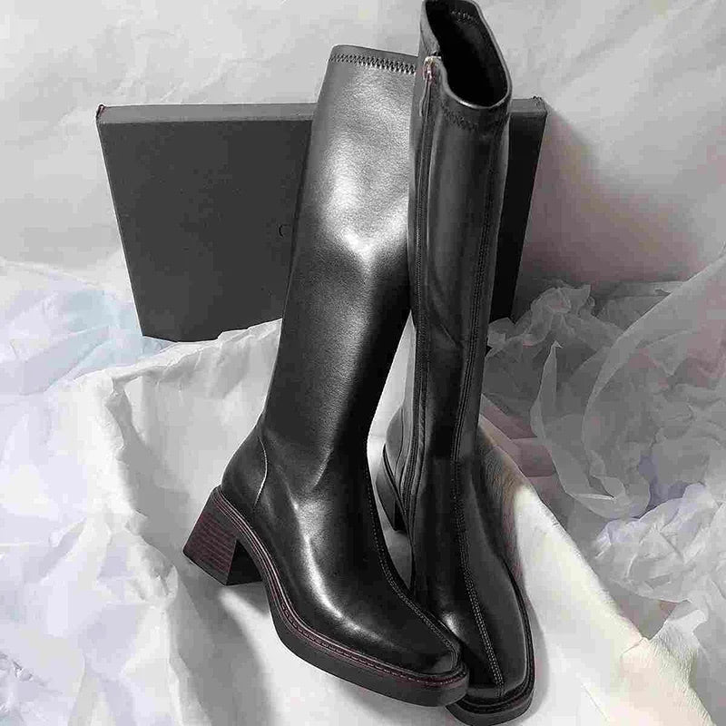 Vintage Thick Heel Women Knee High Boots Fashion Side Zippers Shoes Autumn Winter Ladies Concise Long Botas De Mujer