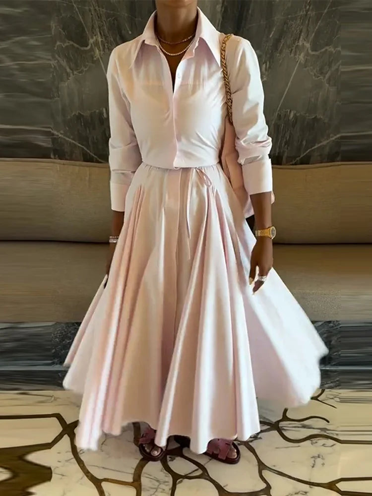 Elegant Solid Shirt Maxi Skirt Dress Set Women's Formal Long Sleeve Lapel Shirts A-line Skirts Loose Fit Office Female Outfit