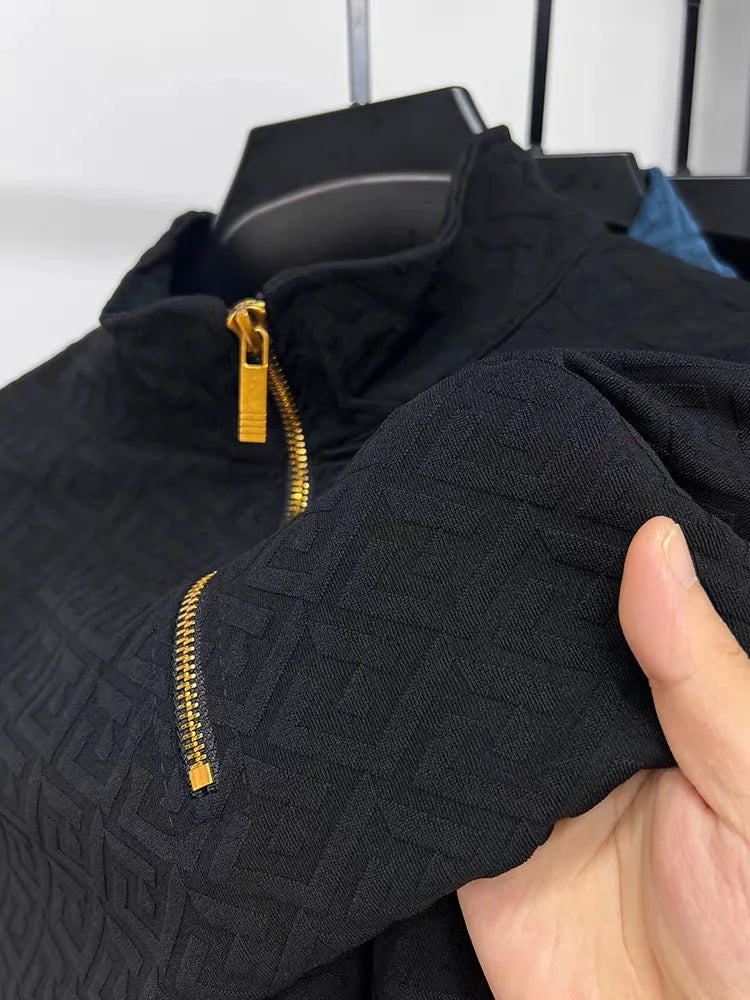 High end brand fashion jacquard long sleeve T-shirt men's casual sweater autumn trend Korean style half zipper collar pullover