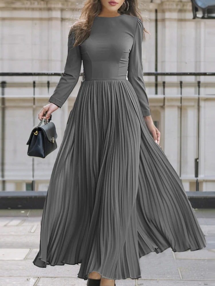 ZANZEA Autumn Fashion Long Sleeve Party Work Dress Women 2024 Pleated Maxi Dresses Stylish Casual Patchwork Sundress Long Robe