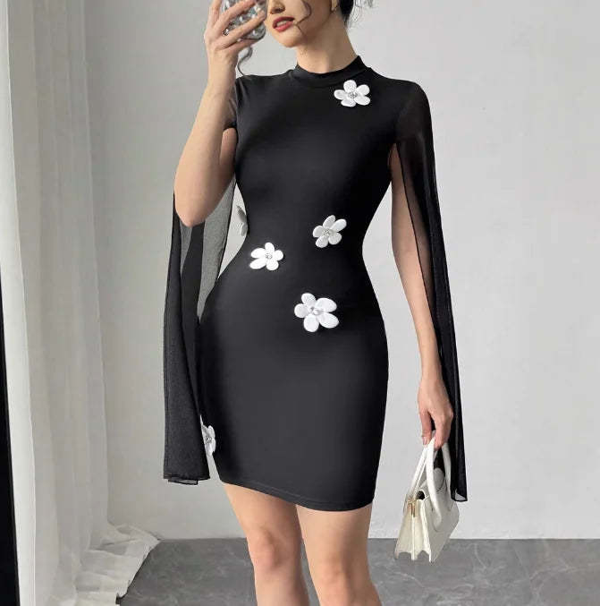 Sexy Elegant Evening Party Dresses Round Neck Pit Stripe Pearl Chiffon Cape Sleeve Wrapped Hip Dress New Fashion 2025 Casual