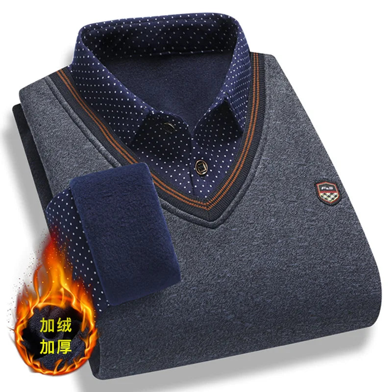 Men's Pullover with Collar Fleece Polo Shirts Long Sleeve Clothing Vintage Smart Casual Knitted Sweaters Warm