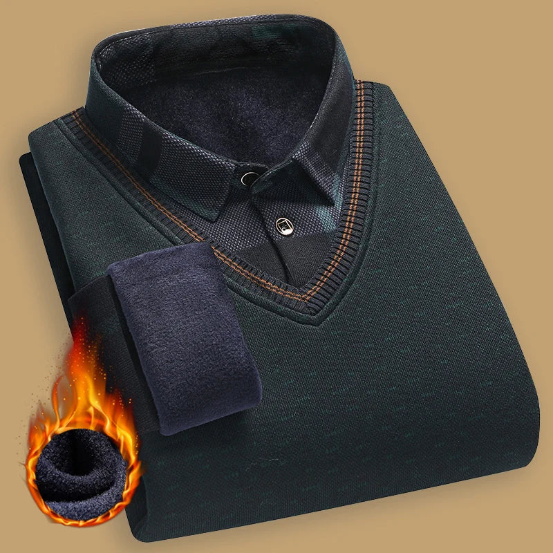 New Autumn Winter Sweaters Men's Velvet Pullover Knitted Bottom Shirts Men's Polo Pullover Wine Red Fleeced Knitwear