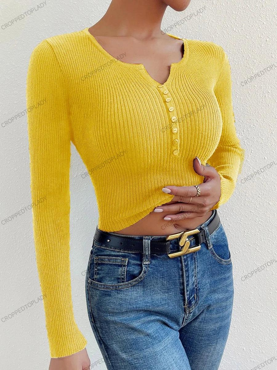 New Women Half Button Ribbed Knit Long Sleeve Casual Sweater V Neck Pull Femme Slim Y2K Cute Pullover Jersey Top Fashion Clothes
