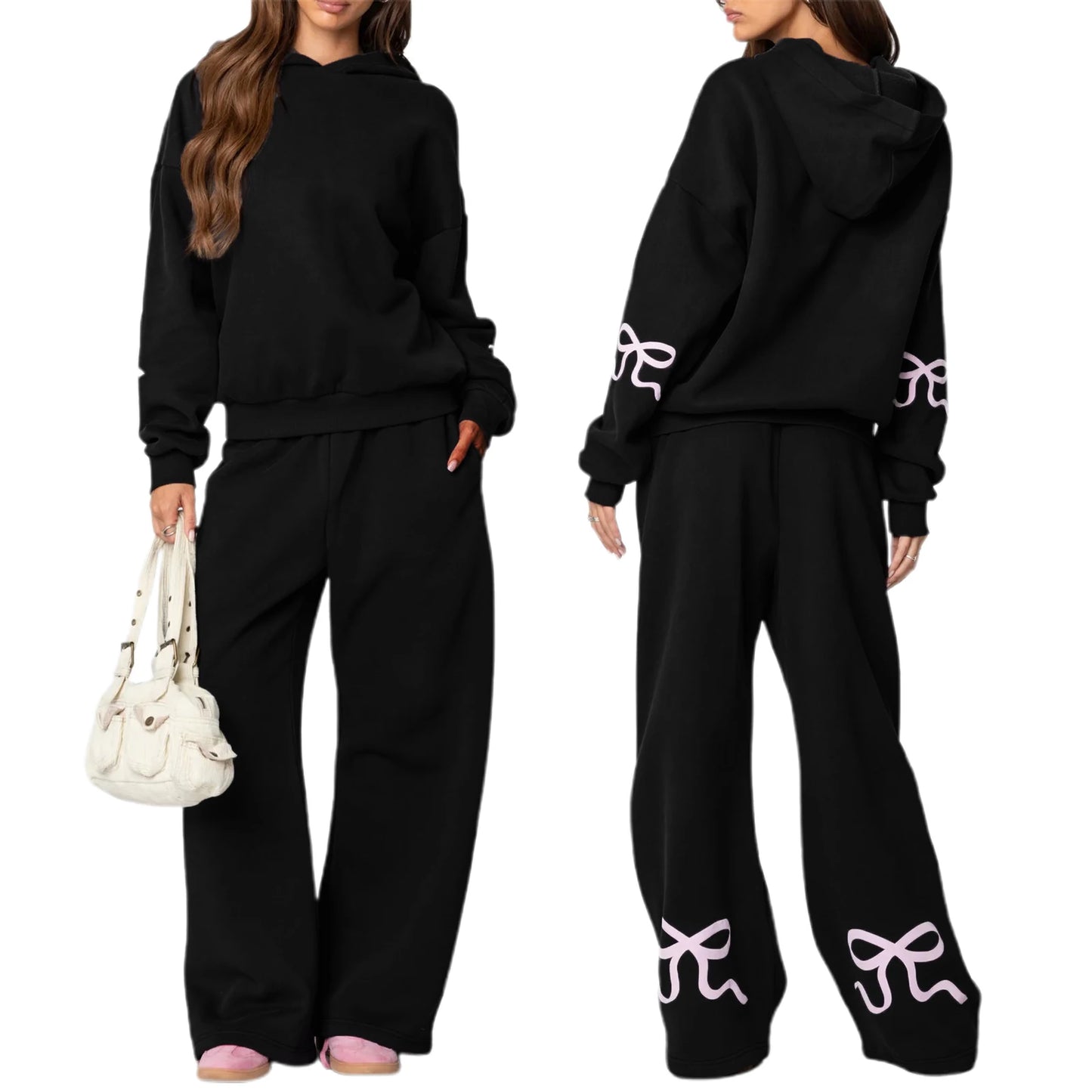 Combhasaki Womens 2Piece Y2K Loose Outfits Set Bow Print Long Sleeve Hooded Pullover Sweatshirts + Elastic Waist Pants Tracksuit