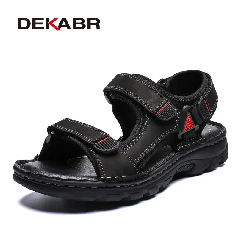 DEKABR Men Genuine Leather Sandals Summer Beach Breathable Fisherman Shoes Slipper Style Soft Bottom Flat Shoes Plus Size 38~48