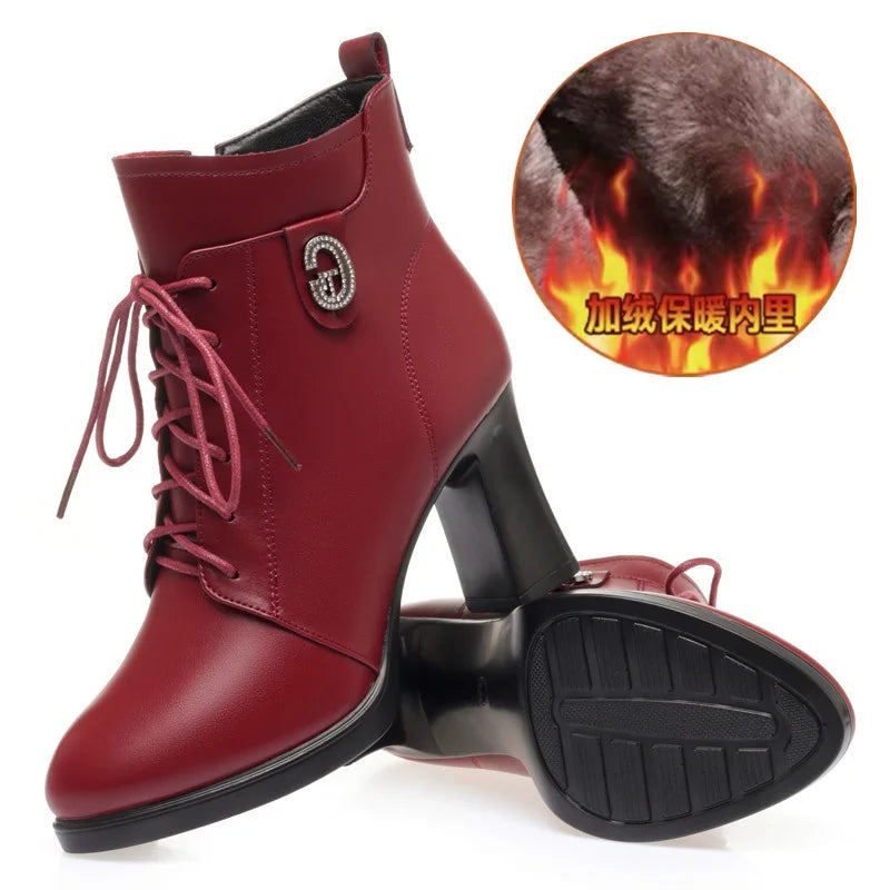 Pohodlí všestranný vysoký podpatkový krátký boty podzimní zima Nový plyšový paprsek Velvet Dámské kožené kotníkové boty