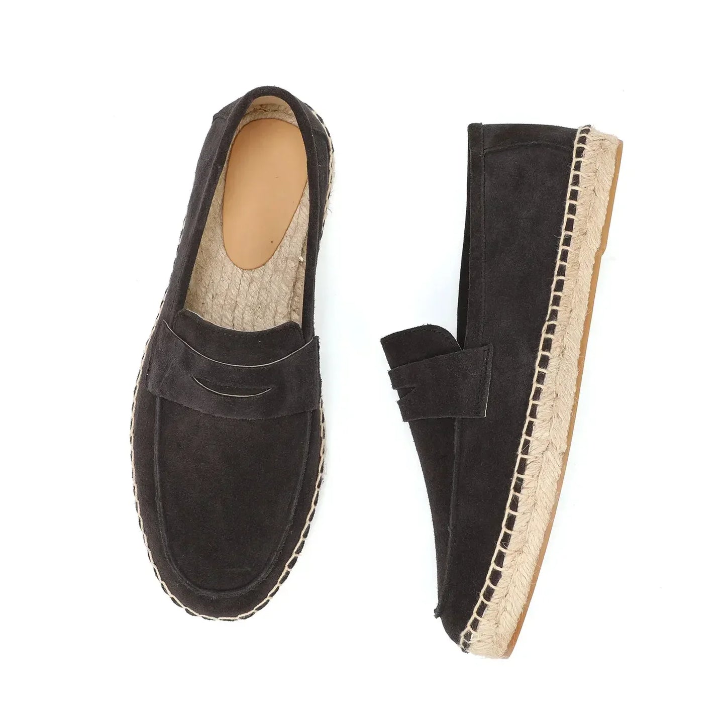 Men's Jute Espadrilles Slip on Loafers Cow Suede Leather Casual Shoes