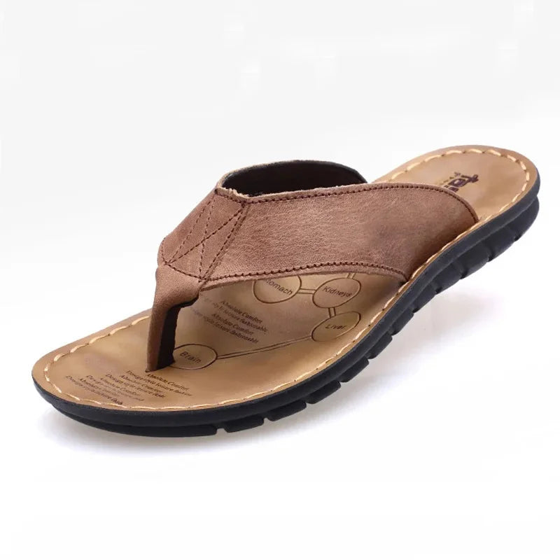Summer Shoes Men Slippers Flip Flops Genuine Leather Non-slip Flat Mens Sandals Holiday Footwear Black Khaki