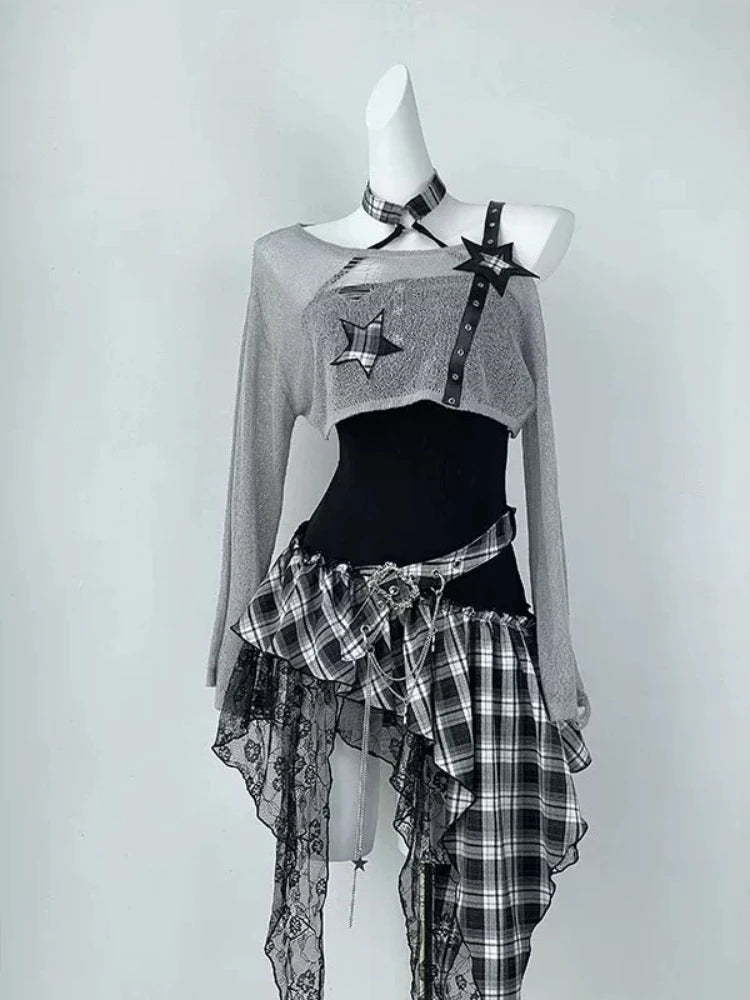 Gotic Hot Girl American Fashion 2 Pies Set Women Black Blyse + Chic Nepravidelné šaty Nové čisté touhy Slim Vintage Suit Summer