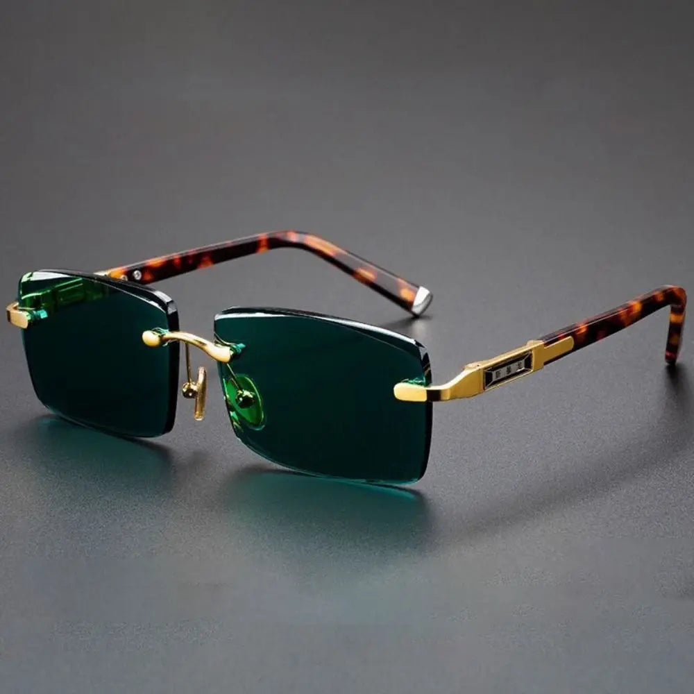 Retro Frameless Men's Sunglasses Green Crystal Stone Cycling Goggles Leopard Print Outdoor Sunglasses Driving Glasses Eyewear