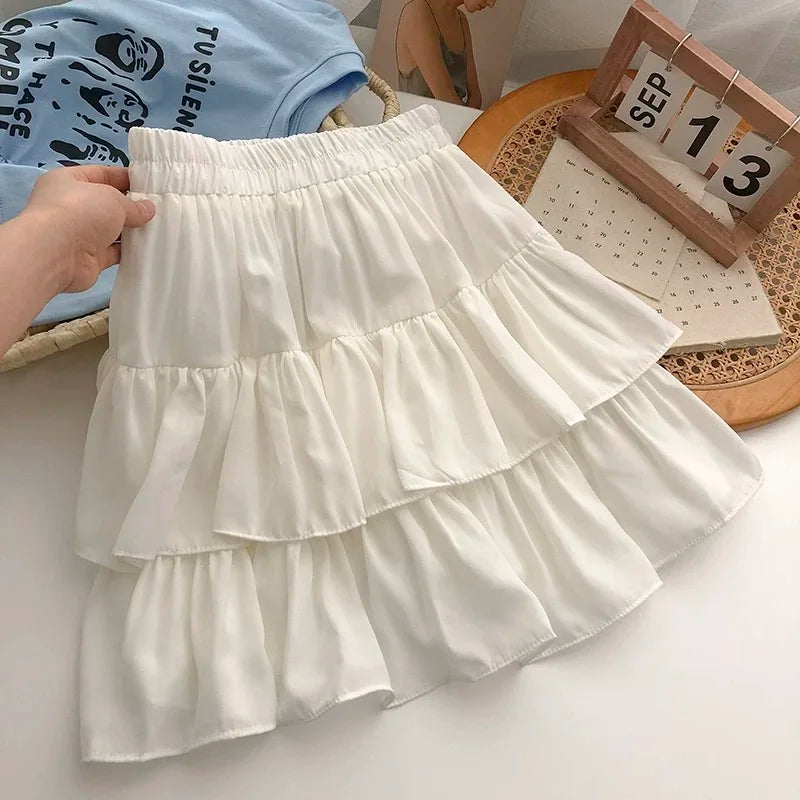 Summer Kawaii Mini A-line Skirt Adorable Flirty High Waist Ruffle Patchwork Lolita Ball Gown Y2K Korean Sweet Women's Clothing