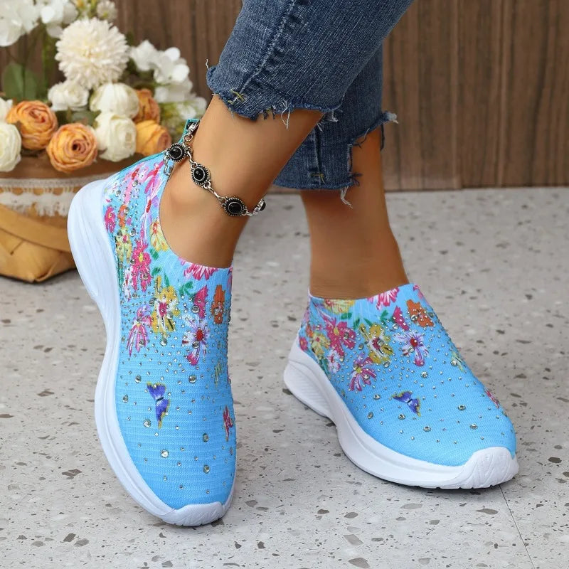 New Women's Sneakers Breathable Running Shoes for Women Print Rhinestone Casual Sport Shoes Outdoor Walking Shoes Tenis De Mujer
