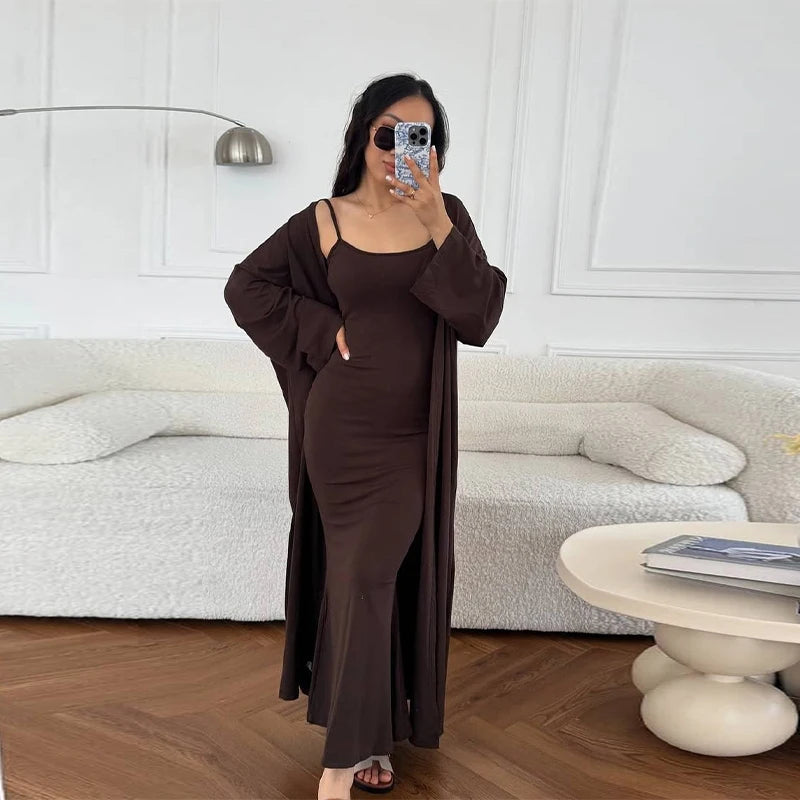 Women's Cardigan Long Dress 2 Piece Set Solid Slip Hip Package Dress Long Sleeve Cardigan 2025 Casual Fashion Women's Dress Set