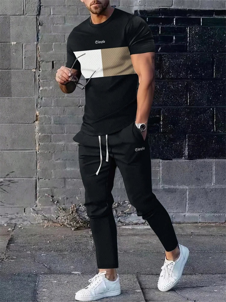 Simple Striped 3D Printed Men's Round-neck Short-sleeved Shirt And Pocketed Trousers, A Casual Men's Thin Autumn 2pcs Set