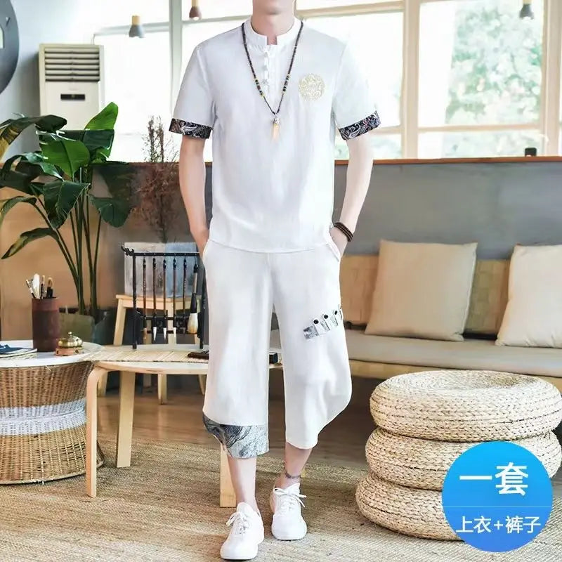 Pánské plátěné tričko s krátkým rukávem Summer Chinese Style Set Loose Cotton-Linen Retro Empoidered Top dvoudílná sada