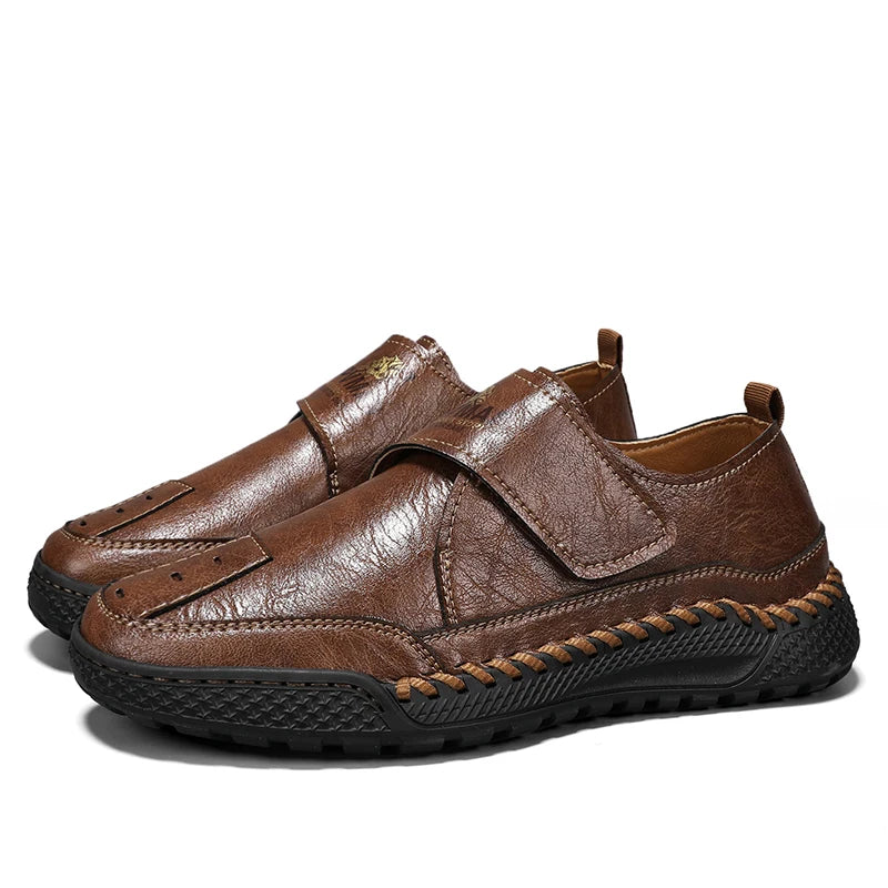 Módní pravá kožená pánská neformální bota s kulatými botami na suchý zip na suchý zip s měkkými botami a odolnou kancelářskou botou odolné vůči opotřebení