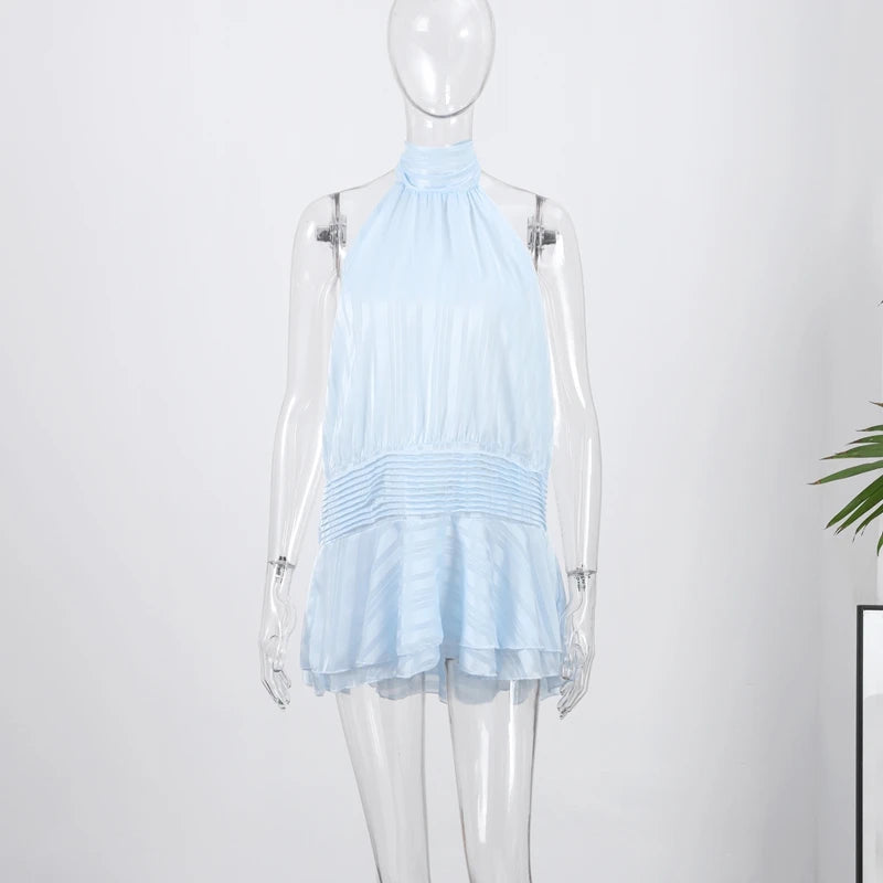 Halter Ruffle Mini Dress Women Sexy Sleeveless Backless Lace Up Party Dresses 2025 Summer Beach Fashion Vacation Lady Short Robe