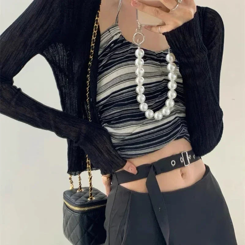 Women's Sunscreen Cardigan V-Neck Thin Casual Long-Sleeved Solid Blouse Tops for Woman Summer Black White Y2K Casual Shirt