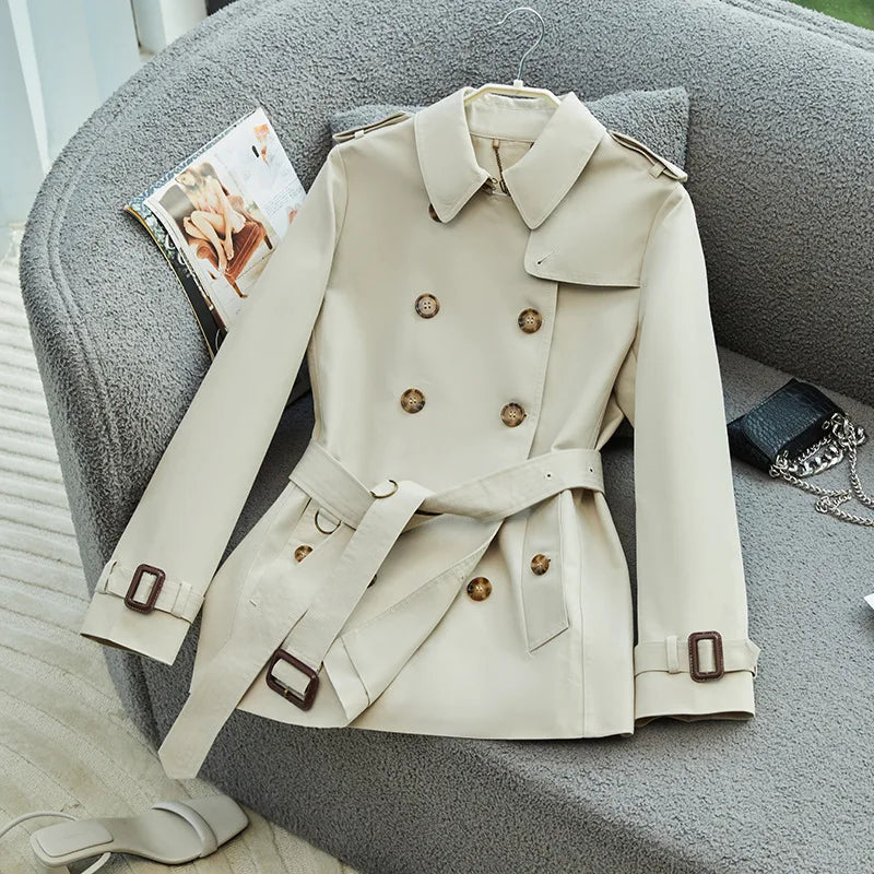 Spring/Fall Women's Windbreaker 2023 New England Style Khaki Outer Garment Female Classic Hepburn Style Jacket Short Trench Coat