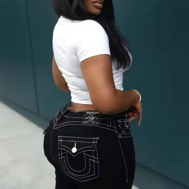 Sexy Retro Buddha Embroidered Low Rise Jeans Womens Skinny Jeans Fashionable Flare Jean Casual Washed Pants Sweatwear Denim Pant