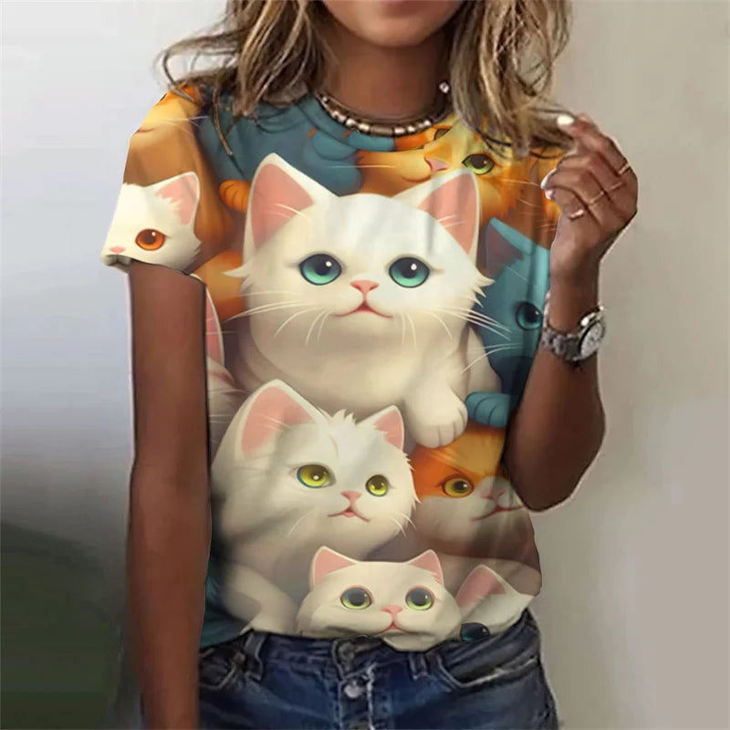 3D Printed Animal T Shirt For Women Cute Cat Pattern Short Sleeves Summer Loose Crew Neck Top Girl Tees Oversized Women T-Shirts