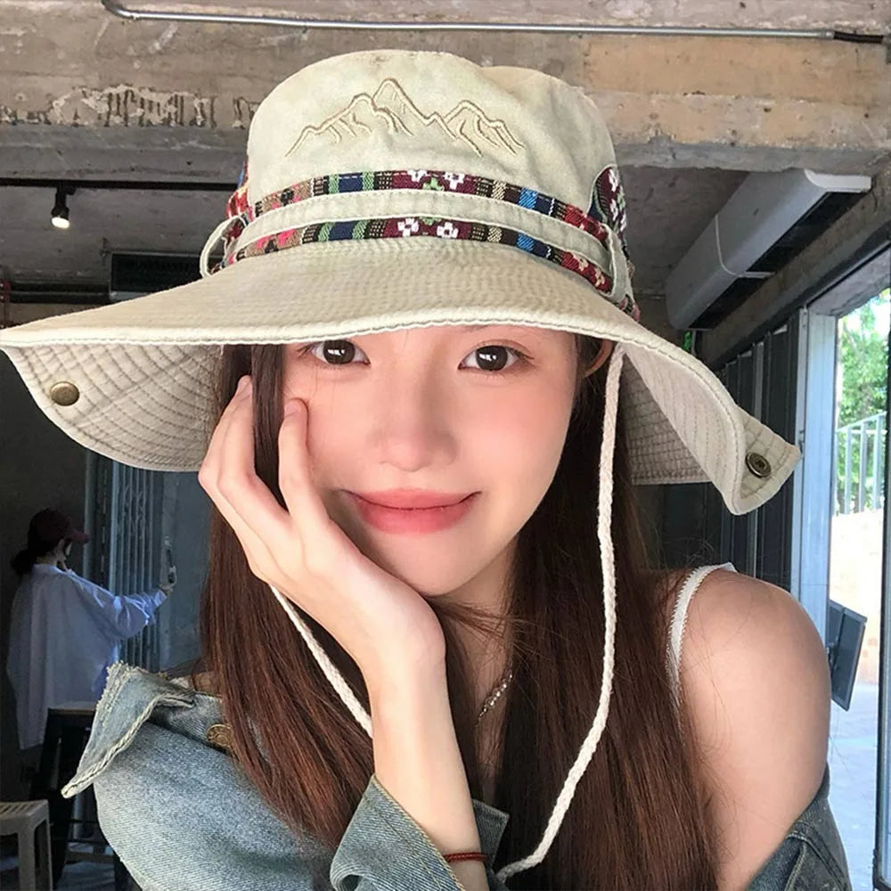 Klobouk z džínoviny kovbojský kbelík s větrem odolným popruhem