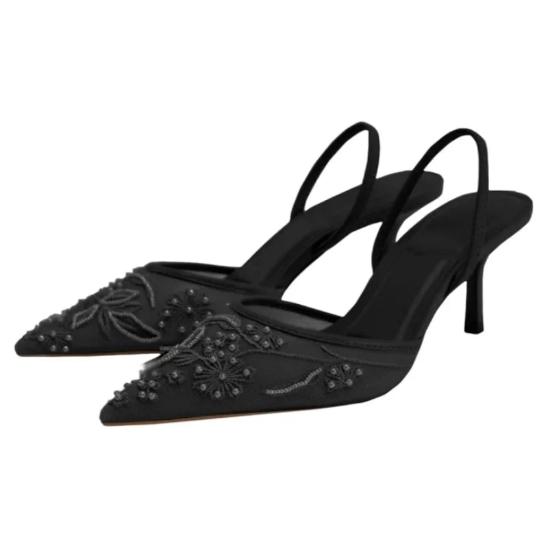 Women's Mesh Floral Embroidered Slingback High Heels Female Open Heel Pearl Studded Pointed Toe Sandals Sexy Stiletto Lady Mules