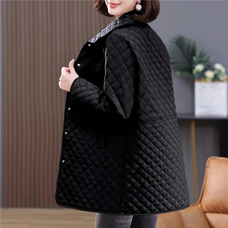 2025New Spring Autumn Retro Comfort Versatile Rhombic lattice Ligh Cotton Loose Women Parkas Down Cotton Jacket Warm Coat Female