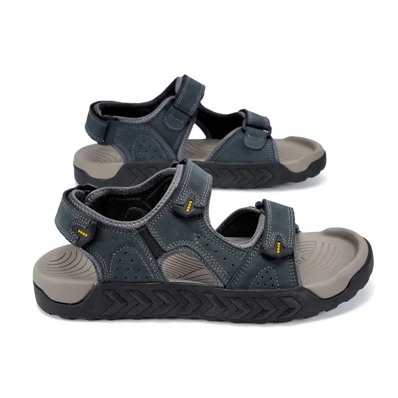 Summer Mens Casual Sandals Genuine Leather Cushion Natural Leather Open Shoes Beach Sandal Adjustable Anti-Skid