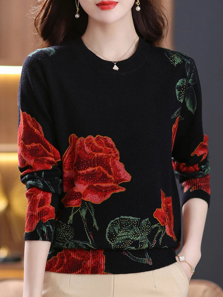 YISU Fashion Women Sweater O-Neck Knitted pullove long sleeves Female Casual Loose soft Rose printing Women clothing