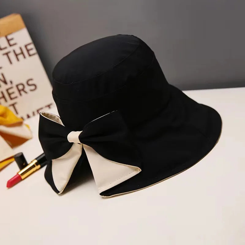 RICYGVM Sweet Bow Women Fisherman Cap Cotton Large Brim Sunshade Basin Hat Korean Girl Outdoor Beach Travel Sunscreen Visors 모자
