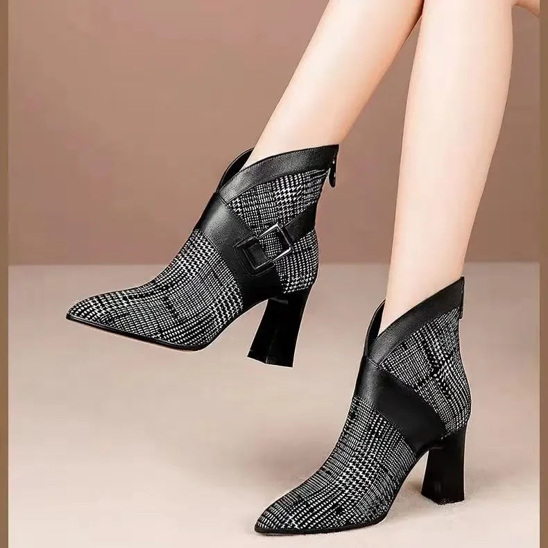 Секси жени ботуши 2020 есен и зима V-образни токчета с високи токчета глезени обувки кожени ботуши женска жена сватбени партита обувки