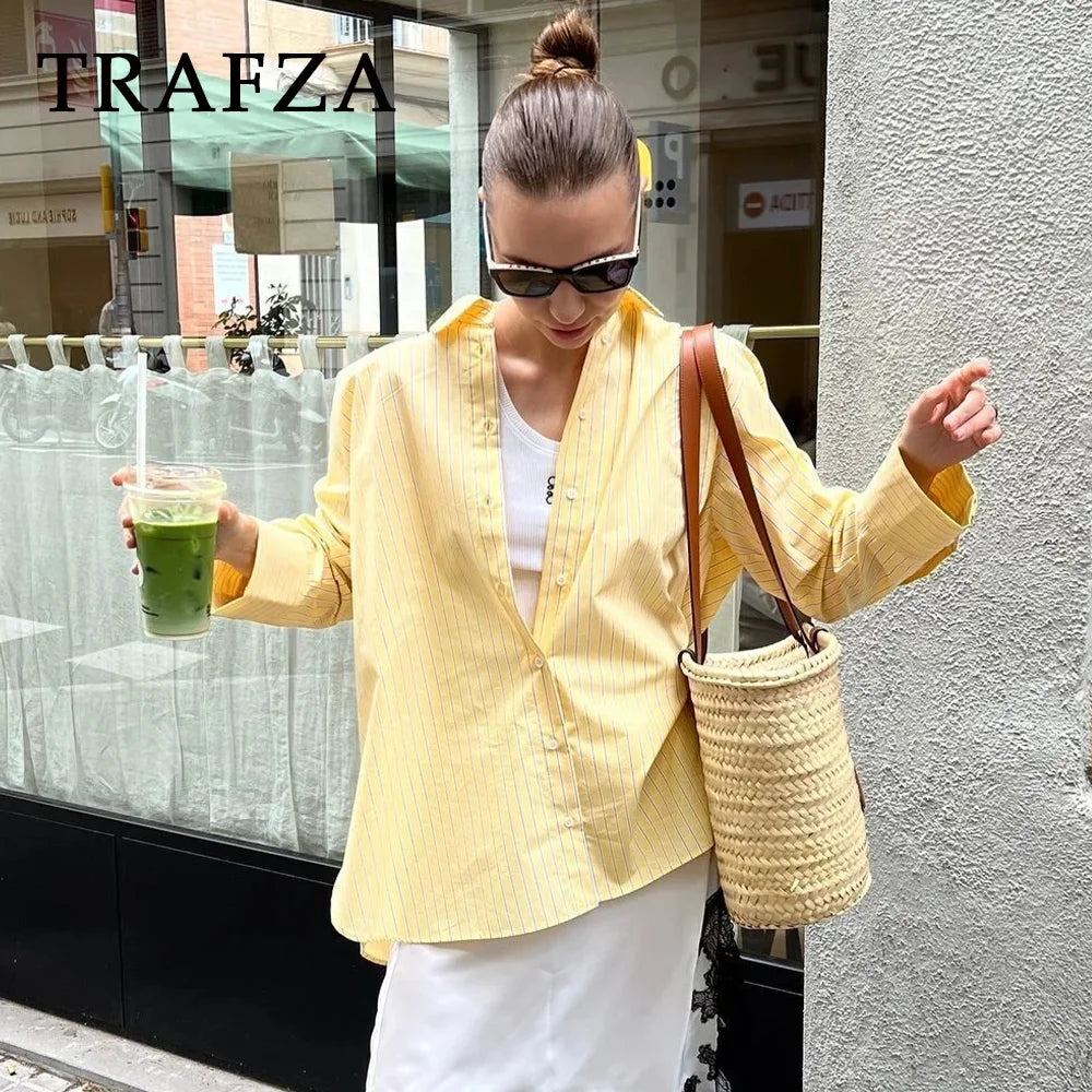 TRAFZA 2025 Spring Summer Butter Yellow Striped Women Loose Shirts Fashion Turndown Collar Single Breasted Thin Lady Shirts