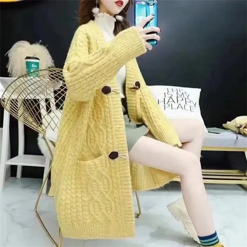 Knitted Cardigan Women Sweater 2025 Mid Length Version Autumn Winter Female Sweater Coat Temperament Versatile Ladies Sweater