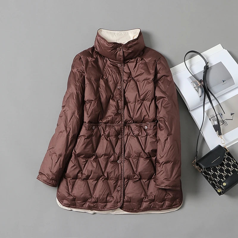 Lagabogy 2025 New Autumn Winter Women Ultralight White Duck Down Long Jacket Female Single-Breasted Double Sided Puffer Coat