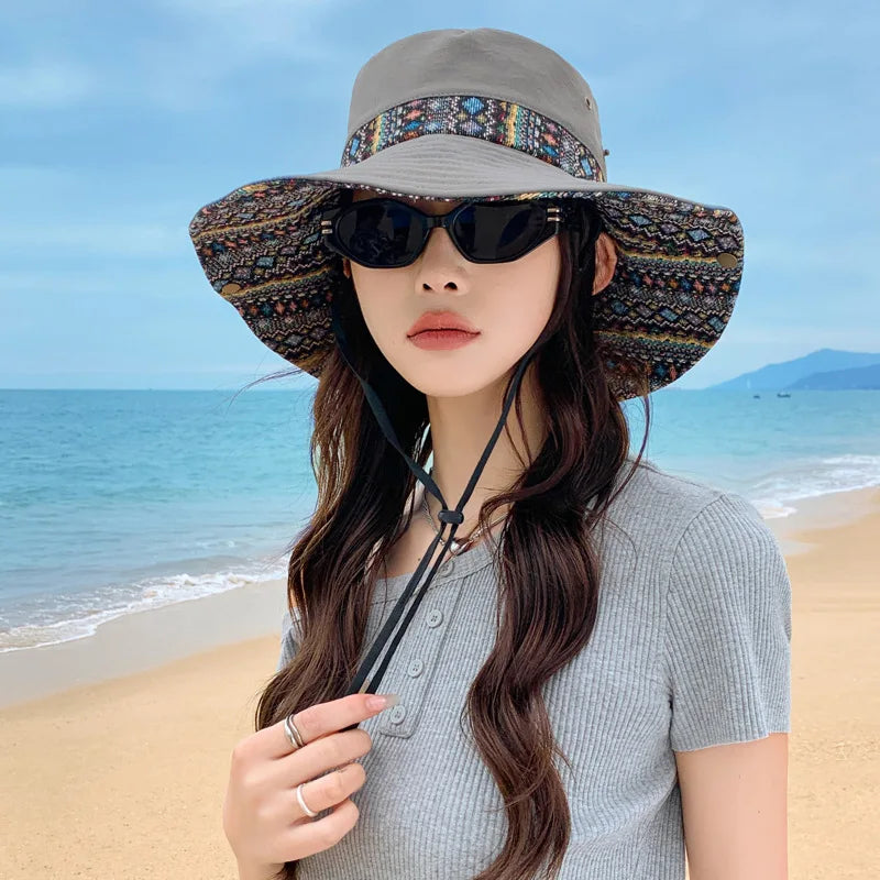 Summer Bucket Hat Women Wide Brim Sun Hat Fisherman Cap Sunscreen Ethnic Retro Cowboy Hat Lady Cloth Foldable Sunhat Outdoor