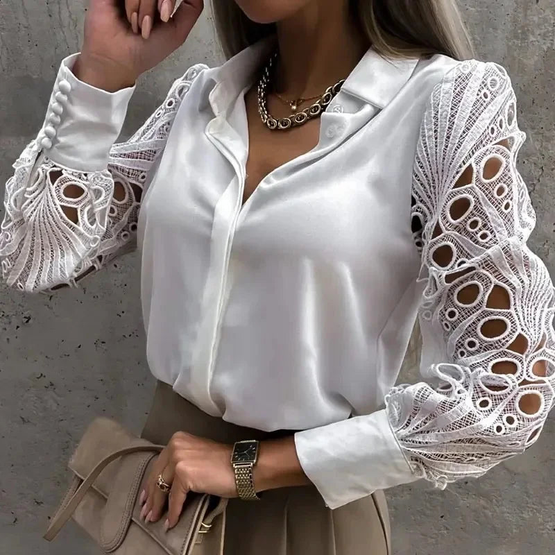 Women's Blouse White blank Elegant V-neck Lace Sleeve Cut-out Patchwork Office Commuter Black Shirt For Female