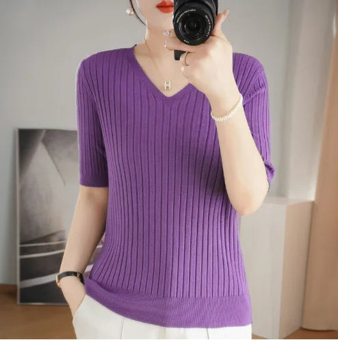 Women's Sweater Spring Summer Short Sleeve V-neck Knit Shirt Casual Korean Pullovers Stripe Bottoming Shirt Slim Fit Jumpers