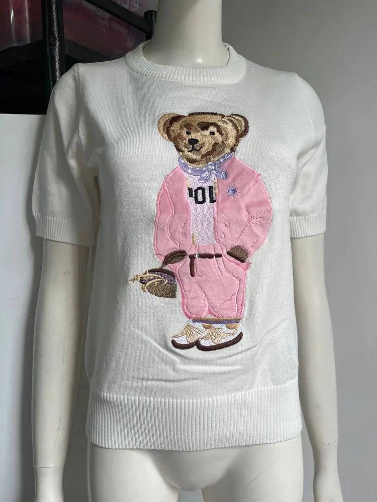 European Style Luxury Brand Loose O-Neck Bear Pullover Tops Knitwear Woman Short Sleeve T-shirt Ladies Wool Knitted Sweater