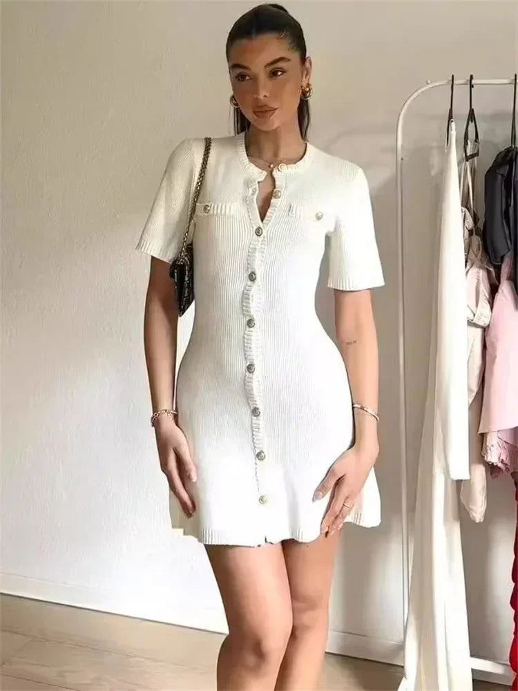 Trendix Elegantní pletená mini šaty ženy ulice Slim Slim High Pas s krátkým rukávem žebra svetr šaty prázdniny bodycon pletené oblečení