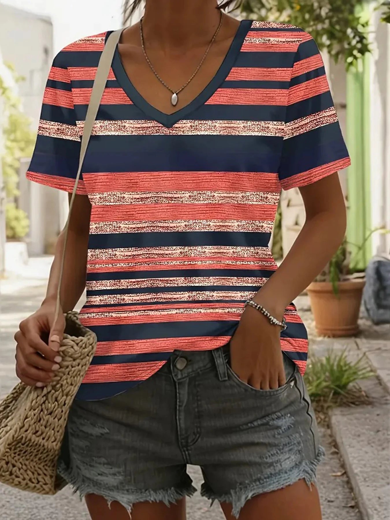 Women's Casual T-Shirt Elegant Striped T Shirts Women's Clothing Stylish V Neck Tee Tops for 2025 Fashionate Trend