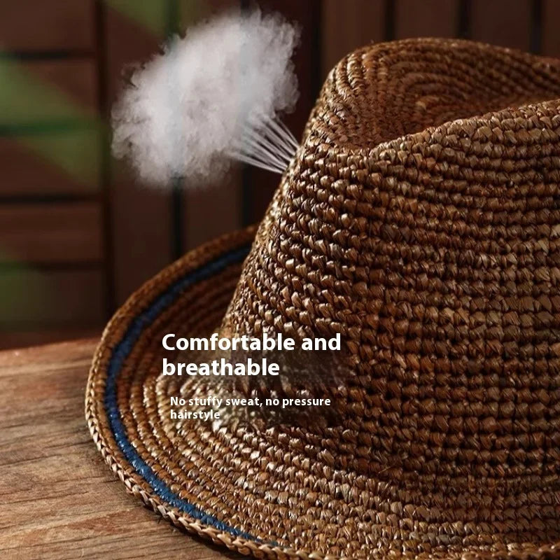 Nýr náttúrulegur Raffia Jazz Sun Hats Karlar og sumarhandbók kvenna ofinn Hatfashion Sun Protection Sunshade Beach Hat Panama