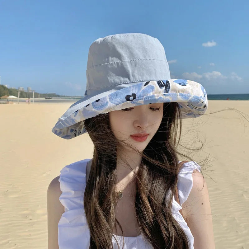 Ny tosidig bøttehatt kvinners koreansk trykt Big Edge Sun Hat vår og sommer allsidig ferie solbeskyttelse solhatt