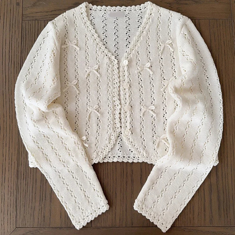 Cardigans de malha doces Mulheres Mão de Crochê Decoração do Coração Hollow Out suéteres para garotas de Kawaii