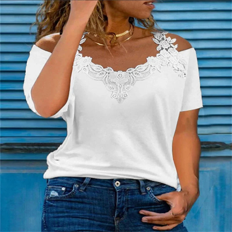 Summer Short Sleeve Sexy Lace Shirt Women Casual V Neck Loose T Shirt Ladies Hollow Off The Shoulders Sling Elegant Pullover Top