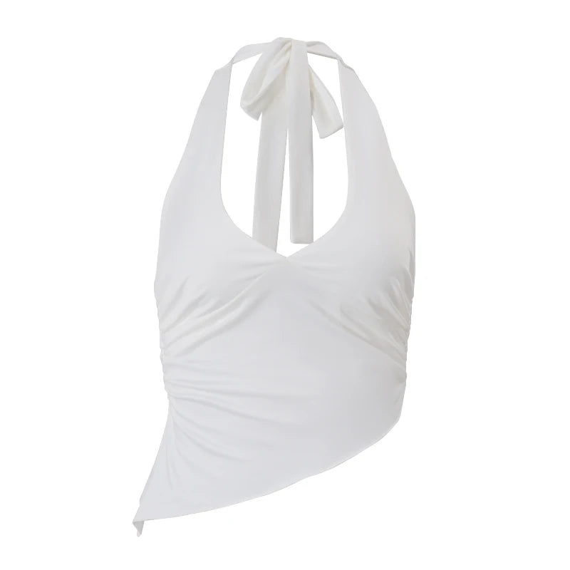 WhereMery Casual Solid Women Halter Crop Top Y2K Elegant V neck Sleeveless Fold Summer Tees Formal Streetwear Sporty Female Vest