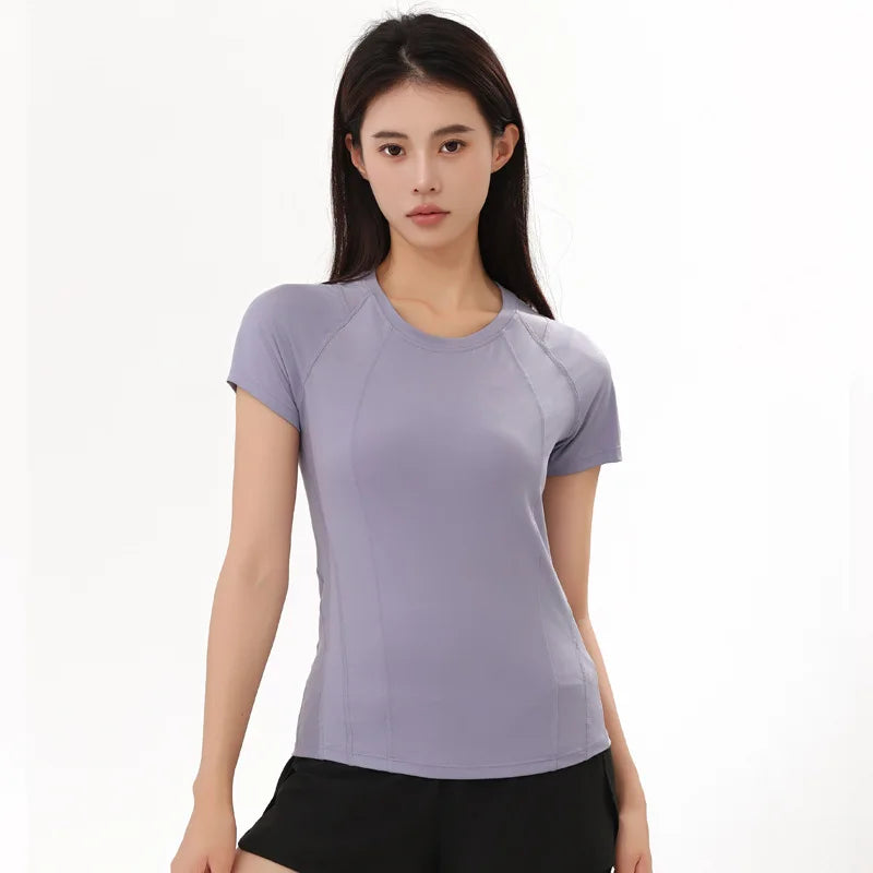 American Minimalist Style Non-marking Yoga Sports Tops Women Round Neck Slim Sports Fitness Mesh Quick Dry Fitness Clothing